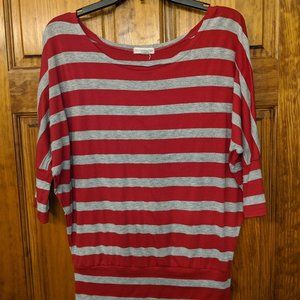 Gray and Red Striped Three Quarter Length Top